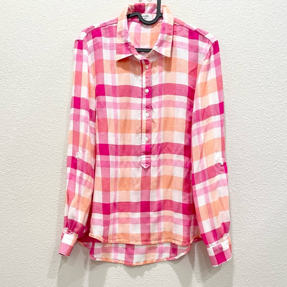 Pre-loved! CROWN & IVY Pink Plaid Modal Blend Half Button Down Shirt!